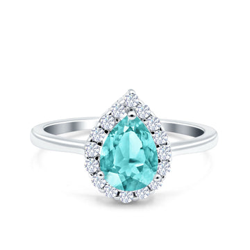 Teardrop Halo Art Deco Pear Wedding Ring Simulated Paraiba Tourmaline CZ 925 Sterling Silver